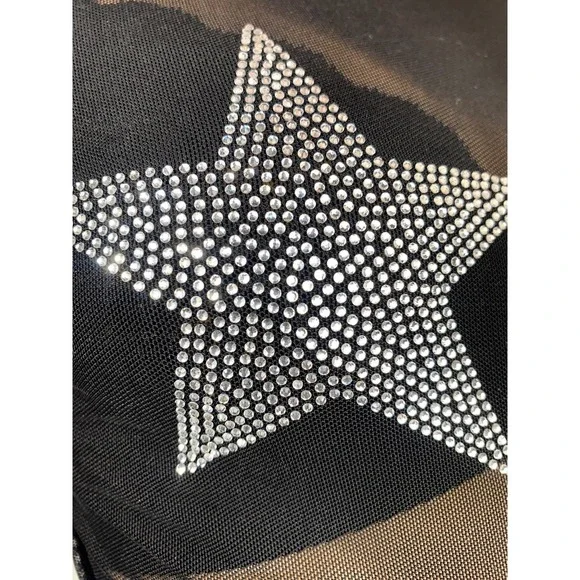 New Small Black Starry Night Sheer Jewel Long Sleeve Mesh Silver Long Sleeve Top - Picture 5 of 6